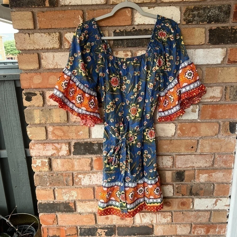 Joie Boho Blue Orange mini dress with belt